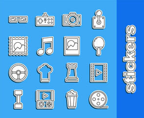 Set line Film reel, Play Video, Racket for playing table tennis, Photo camera, Music note, tone, Picture landscape, 3D cinema glasses and frames icon. Vector