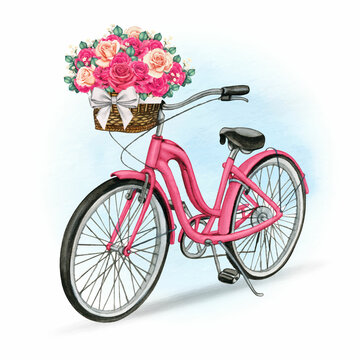 watercolor hand drawn bike with basket full of roses