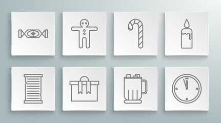 Set line Christmas wish list template, Holiday gingerbread man cookie, Gift box, Hot chocolate cup with marshmallows, Clock, candy cane stripes, Burning candle candlestick and Candy icon. Vector