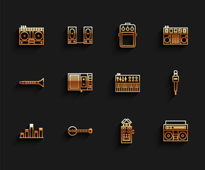 Set line Music equalizer, Banjo, DJ remote for playing and mixing music, Microphone, Home stereo with two speakers, tape player, and synthesizer icon. Vector