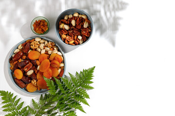 Dried fruits and nuts mixed plate, on white background. Harsh shadows from fern leaves. Copy space. Jewish holiday Tu Bishvat