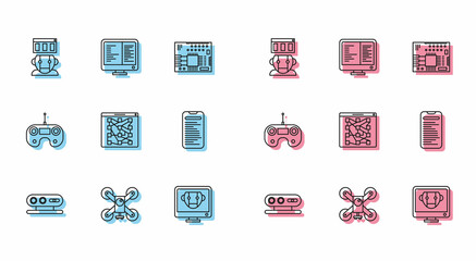 Set line 3d scanning system, Drone flying with action camera, Robot, Bot, Global technology or social network, Computer api interface, Remote control and monitor screen icon. Vector