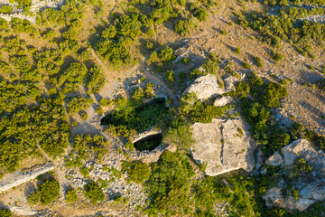 The stone remains of Chateau de Opoul Perillos in Europe, France, Occitanie, Pyrenees Orientales in summer on a sunny day.