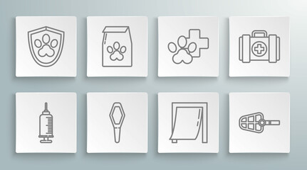 Set line Syringe with pet vaccine, Bag of food for, Pets vial medical, Door, Dog muzzle, Veterinary clinic symbol, first aid kit and Animal health insurance icon. Vector