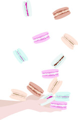 Macaroons and hands. Set of different taste macaroons. Colourful vector illustration. Confectionery