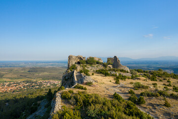 The majestic Chateau de Opoul Perillos in Europe, France, Occitanie, Pyrenees Orientales in summer on a sunny day.