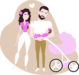 Family portrait. Mother, father and daughter. Pink baby carriage is behind them. Dad holds his newborn daughter in his arms.