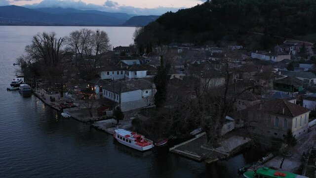 Aerial view of Ioannina city in Greece, Aslan Pasha Tzami, the lake with the island of Kyra Frosini or nissaki.