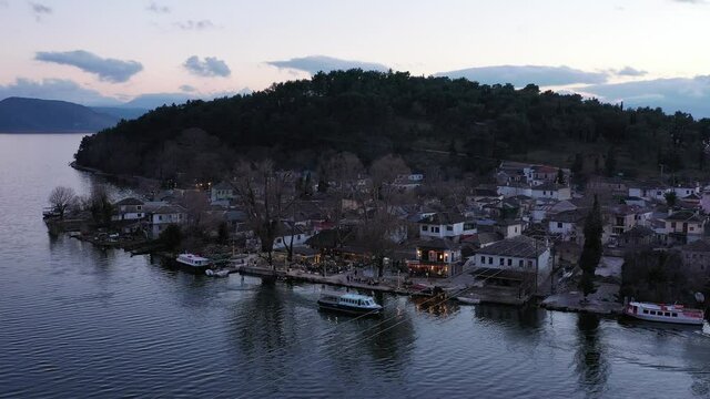 Aerial view of Ioannina city in Greece, Aslan Pasha Tzami, the lake with the island of Kyra Frosini or nissaki.