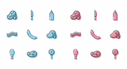 Set line Chicken leg, Steak meat, Grilled steak and fire flame, Frying pan, Sausage, Bacon stripe and Knife icon. Vector