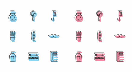 Set line Bottle of shampoo, Barbershop, Aftershave, Hairbrush, Mustache, Shaving and Hand mirror icon. Vector
