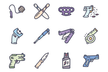 Self defence color vector doodle simple icon set