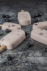 blueberry ice cream popsicle on gray background with ice