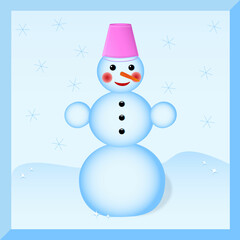Positive snowman with a bucket on his head.