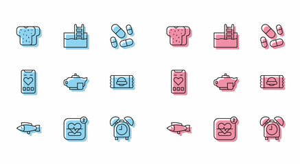Set line Fish, Mobile with heart rate, Bread toast, Alarm clock, Teapot cup, Sports nutrition, and Swimming pool ladder icon. Vector