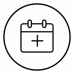 Calendar line icon add inside circle, plus sign, black outline, line icons.