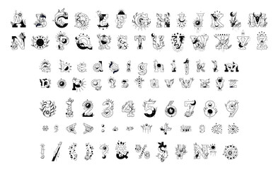 Fototapeta na wymiar A collection of letters, numbers and punctuation marks in an esoteric style. Monochrome alphabet made of magical and esoteric symbols. Tattoo style font.