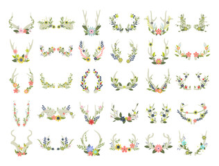 Collection of horns decorated with flowers and branches. Horns of various animals in floral ornaments.