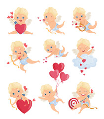 Fototapeta premium Set of illustrations with cute cartoon cupids. St. Valentine's Day.