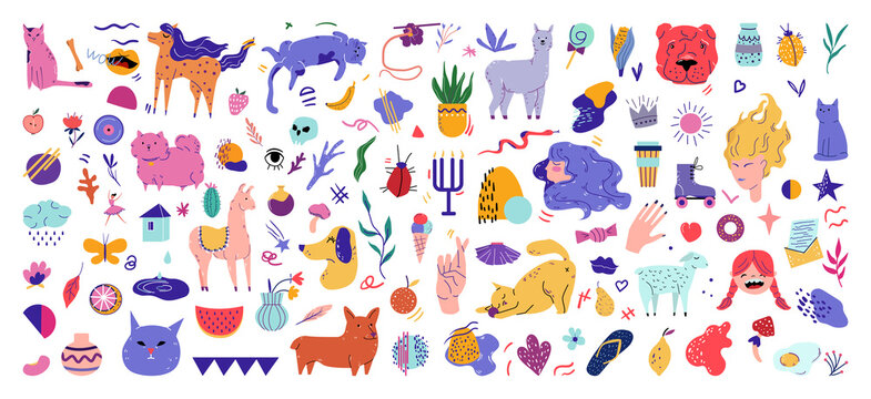 Collection of color funny illustrations in hand-drawn style. Doodle stickers.