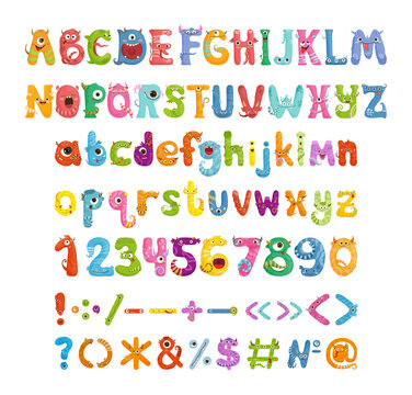 A collection of letters, numbers and punctuation marks in the form of funny cute monsters. Font with cartoon fantasy characters.