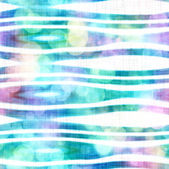 Seamless seventies tie dye stripe bokeh texture. Hippie summer wavy striped repeat background with ink dyed effect.