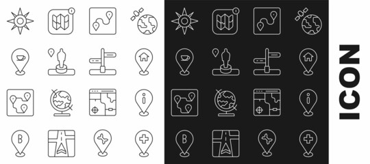 Set line Medical location with cross, Location information, house, Route, and monument, coffee cup, Wind rose and Road traffic sign icon. Vector