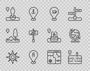 Set line Wind rose, Broken road, Location with coffee cup, and monument, Road traffic sign, Infographic city map and Earth globe icon. Vector
