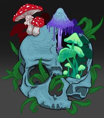 art skull with bright unusual mushrooms in color on a gray background