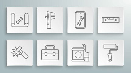 Set line Hammer, Calliper or caliper and scale, Toolbox, Paint bucket brush, roller, Mobile service, Construction bubble level and Graphing paper wrench icon. Vector