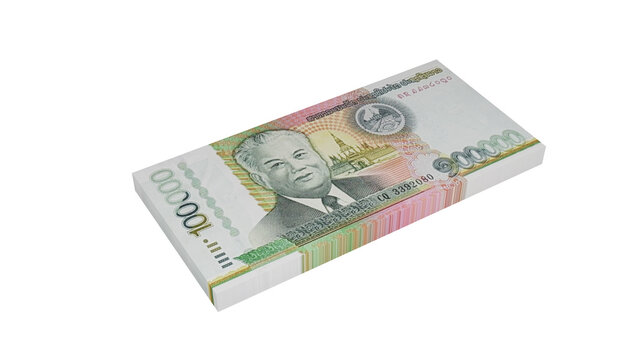 Laos kip isolated on white background, 3D illustration, Stacks, LAK money stack.