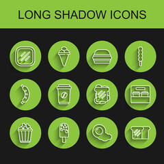 Set line Popcorn in box, Ice cream, Steak meat, Scrambled eggs, Bread toast, Coffee cup go, and Sandwich icon. Vector