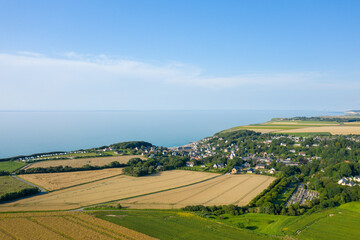 The town of Veules les Roses by the Channel Sea in Europe, France, Normandy, Seine Maritime, in summer on a sunny day.