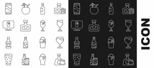 Set line Whiskey bottle and glass, Wine, Alcohol drink Rum, or beer bar location, Beer can and Glass of icon. Vector