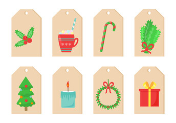 Christmas flat cartoon set winter holiday and vacations symbols items. New Years price tags, stickers, labels for goods, for wishes on postcard. Tree, mug, candle, candy, wreath, gift, branch. Vector