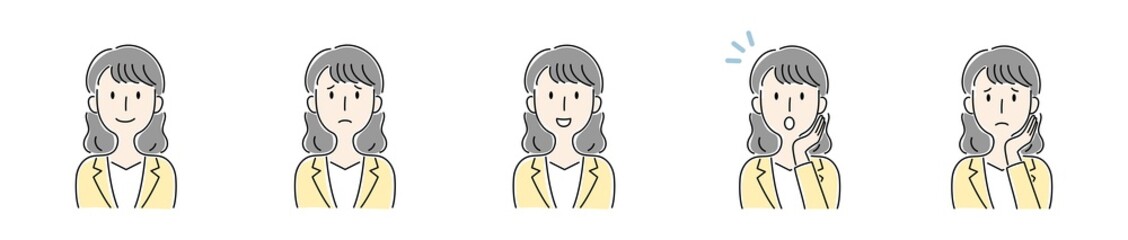 手描き風・様々な表情をする女性のベクターイラスト