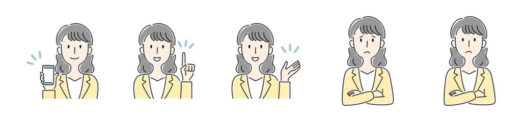 手描き風・様々な表情をする女性のベクターイラスト