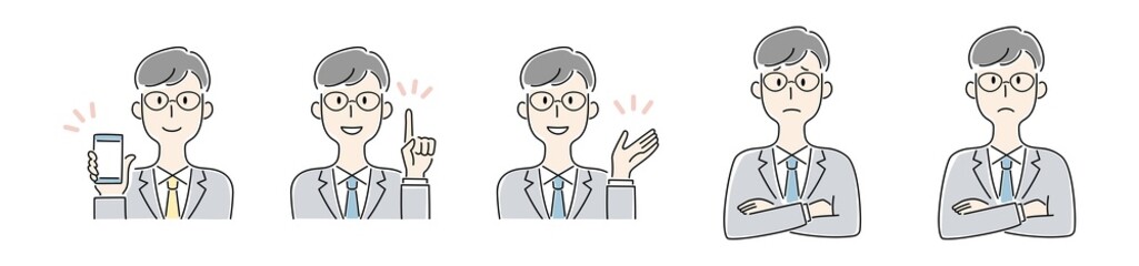 手描き風・様々な表情をするをする男性のベクターイラスト