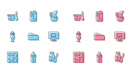 Set line Cheese, Baby milk in a bottle, Yogurt container with spoon, Drinking yogurt, Udder, Milkshake and plastic icon. Vector