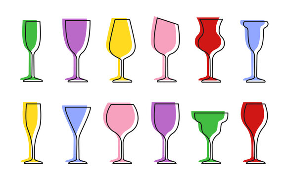Wine glass thin line outline contour icon set in flat style. Sign object for mobile app and website. Bar symbol, logo for company or store. Simple concept, design alcohol element. Vector illustration