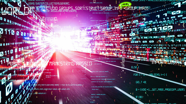 Software development, application programming code and tacit computer coding . Concept of smart digital transformation and technology disruption that changes global trends in new information era .