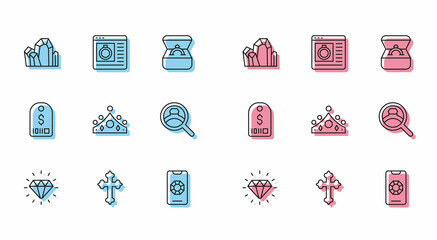 Set line Diamond, Christian cross, Gem stone, Jewelry online shopping, King crown, engagement ring, Price tag with dollar and icon. Vector