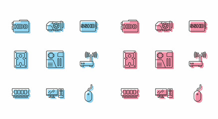 Set line RAM, random access memory, Computer monitor, Hard disk drive HDD, mouse, Motherboard digital chip, Router wi-fi signal, and Video graphic card icon. Vector