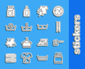 Set line Washer, Washing powder, Clothes pin, Dirty t-shirt, Temperature wash, Time, Laundry detergent and icon. Vector