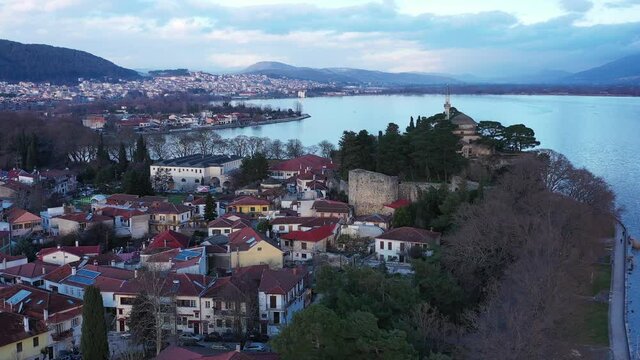 Aerial view of Ioannina city in Greece, Aslan Pasha Tzami, the lake with the island of Kyra Frosini or nissaki.