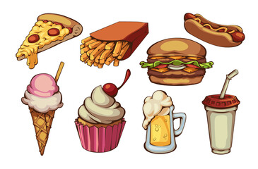 Fast food items set of cartoon design vector stickers isolated on white background. Containing pepperoni pizza, fries, burger, hot dog with ketchup and mustard, ice cream cone, glass of beer and a sod