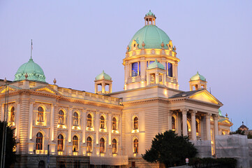Serbian Parliament Building at night in Belgrade, Serbia. Belgrade is largest cities of...