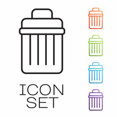Black line Trash can icon isolated on white background. Garbage bin sign. Recycle basket icon. Office trash icon. Set icons colorful. Vector Illustration