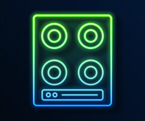 Glowing neon line Gas stove icon isolated on blue background. Cooktop sign. Hob with four circle burners. Vector