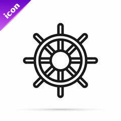 Obraz premium Black line Ship steering wheel icon isolated on white background. Vector